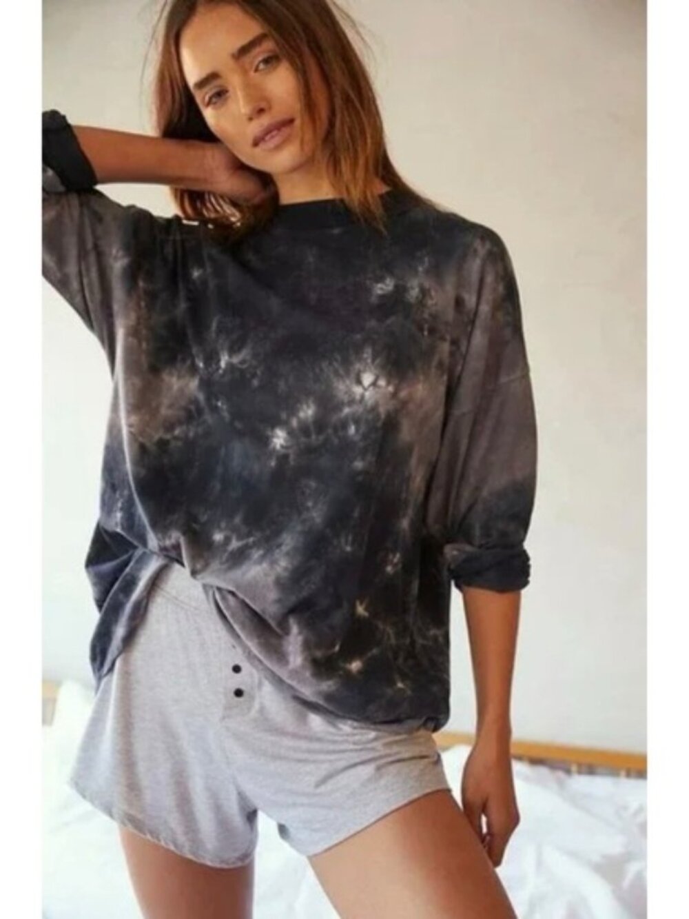 Free People Be Free Tie Dye Long Sleeve Tee in Black/Grey Size S